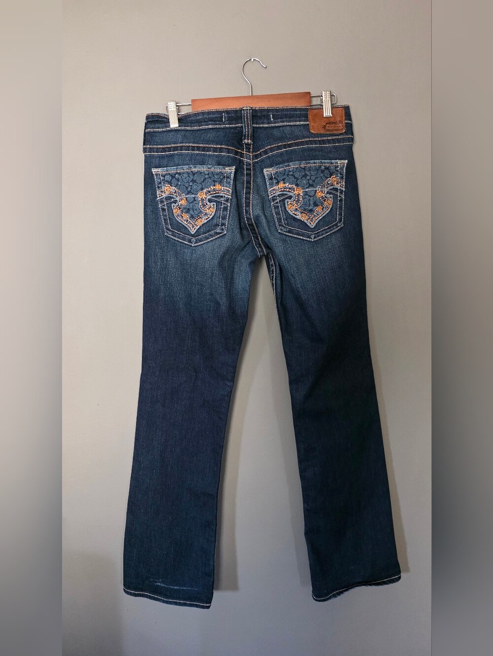 Big Star Remy Low Waist Bootcut Dark Wash Whiskered Jeans Embroidered Womens 31L